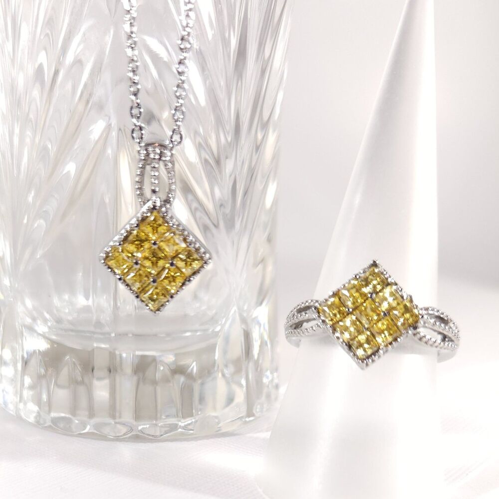 Set of Ring and Pendant Necklace Simulated Yellow Diamond with Chain SIZE 7